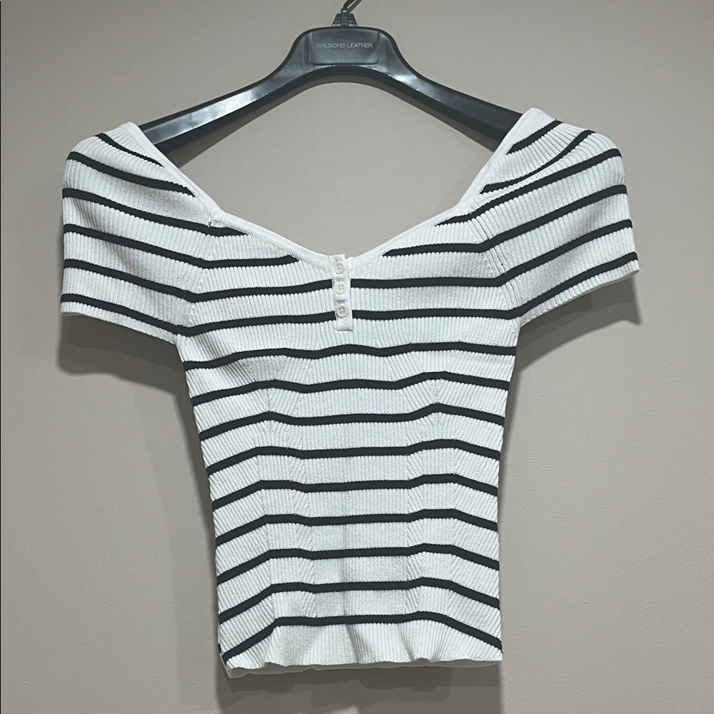 Maeve Black and White Striped Off-Shoulder Bodysuit